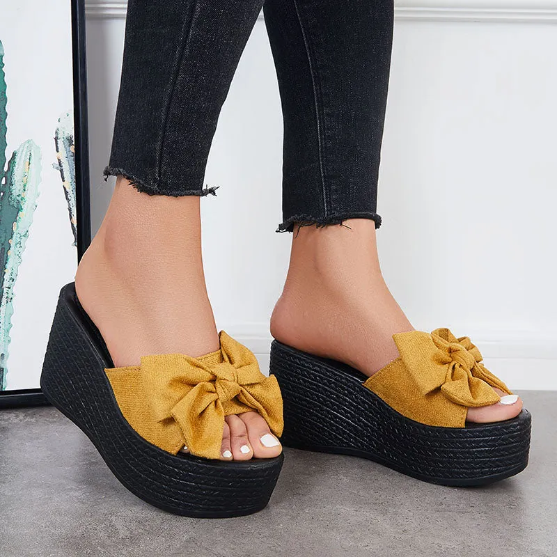 Sohiwoo  Women Bowknot Platform Wedges Slide Sandals Open Toe Slip on Beach Shoes