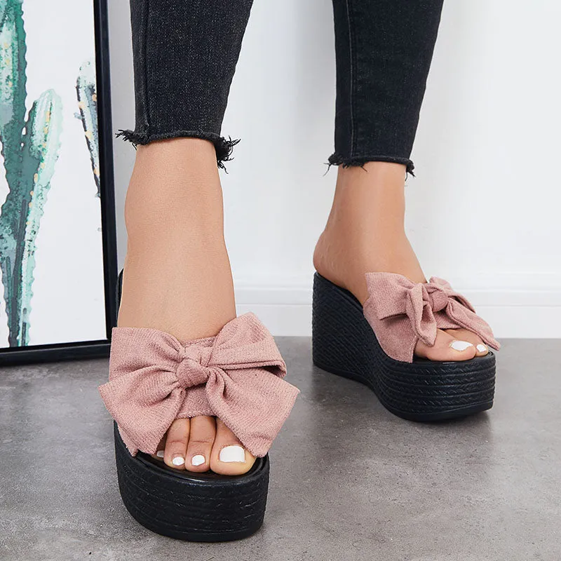 Sohiwoo  Women Bowknot Platform Wedges Slide Sandals Open Toe Slip on Beach Shoes