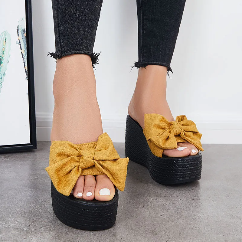 Sohiwoo  Women Bowknot Platform Wedges Slide Sandals Open Toe Slip on Beach Shoes