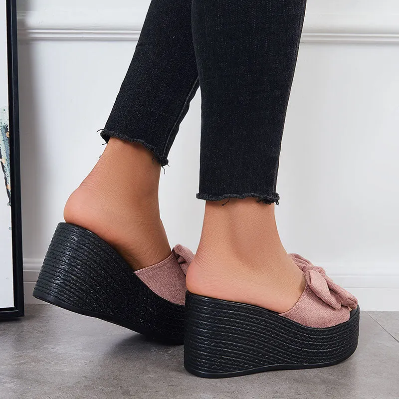 Sohiwoo  Women Bowknot Platform Wedges Slide Sandals Open Toe Slip on Beach Shoes