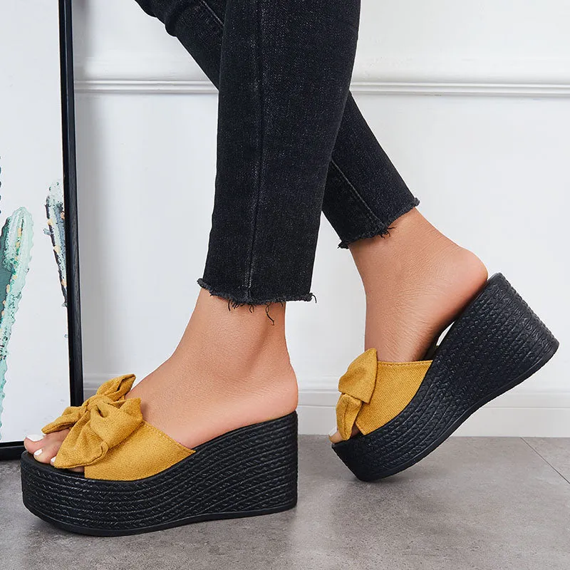 Sohiwoo  Women Bowknot Platform Wedges Slide Sandals Open Toe Slip on Beach Shoes