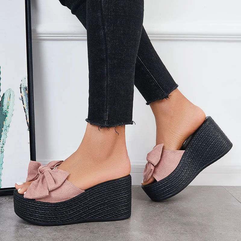 Sohiwoo  Women Bowknot Platform Wedges Slide Sandals Open Toe Slip on Beach Shoes