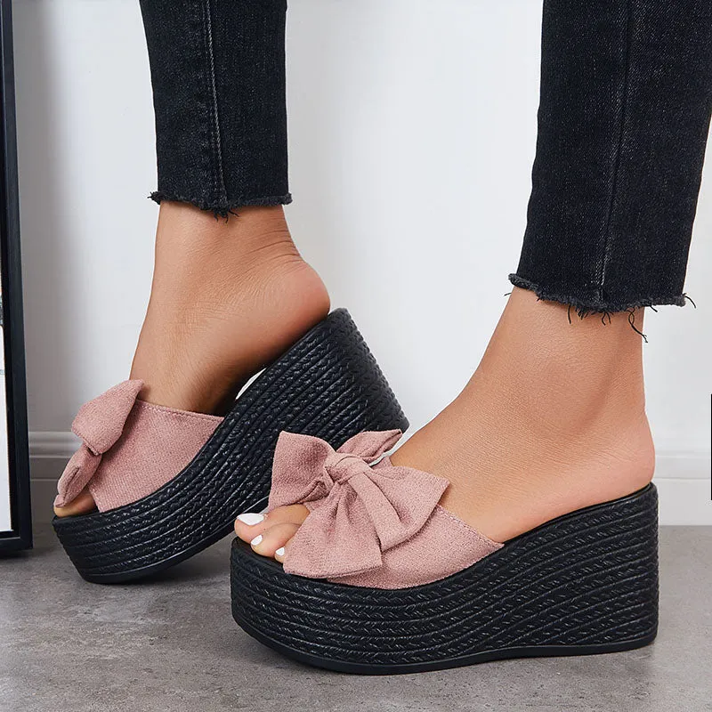 Sohiwoo  Women Bowknot Platform Wedges Slide Sandals Open Toe Slip on Beach Shoes