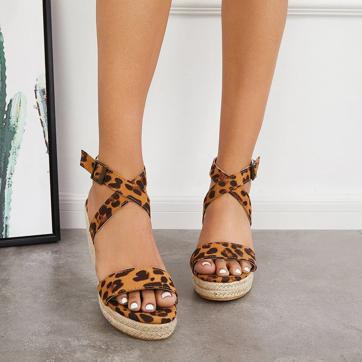 Sohiwoo  Women Criss-Cross Espadrille Wedge Platform Sandals
