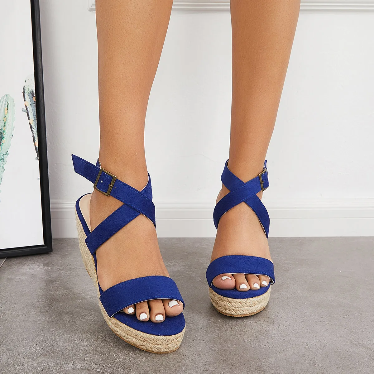 Sohiwoo  Women Criss-Cross Espadrille Wedge Platform Sandals