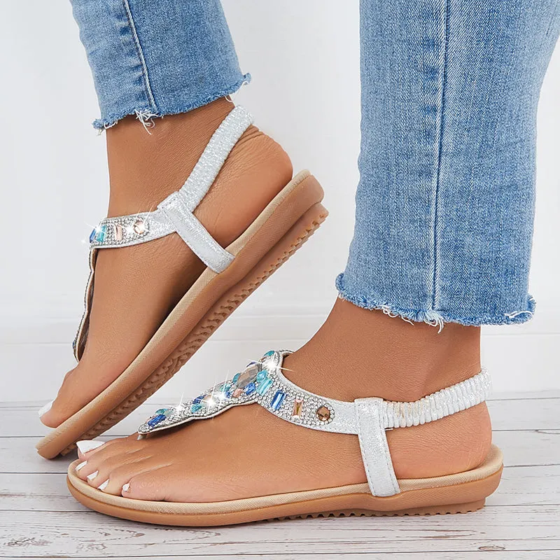 Sohiwoo  Women Rhinestone Flat Beach Shoes Boho Beaded Flip Flops Sandals
