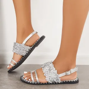 Sohiwoo  Women Shiny Rhinestone Flat Sandals Back Strap Beach Shoes