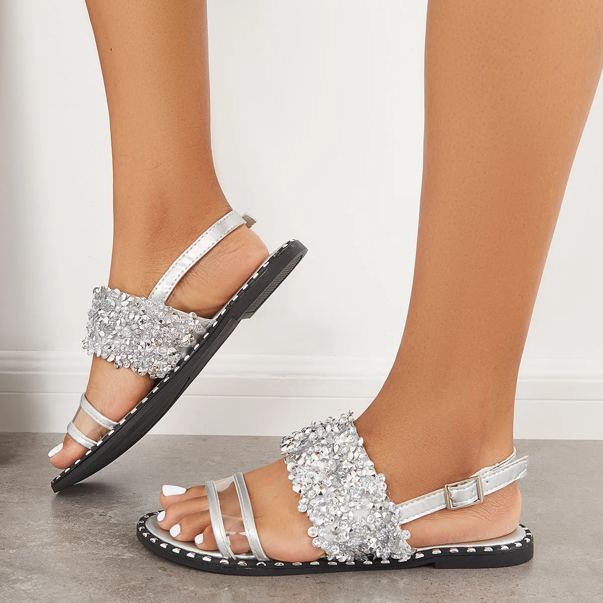 Sohiwoo  Women Shiny Rhinestone Flat Sandals Back Strap Beach Shoes
