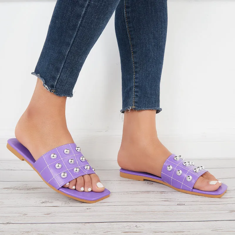 Sohiwoo Women Summer Beads Slide Sandals Square Toe Flat Beach Slippers