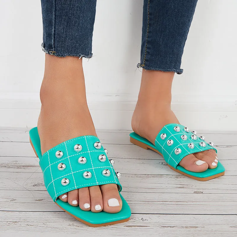 Sohiwoo Women Summer Beads Slide Sandals Square Toe Flat Beach Slippers