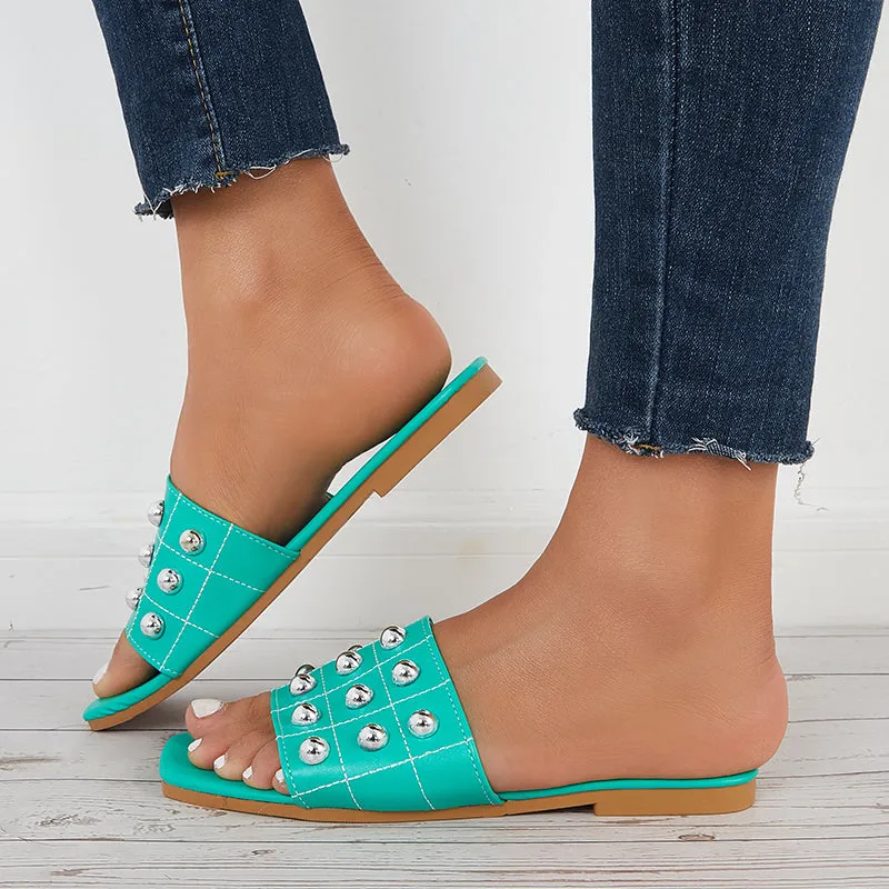 Sohiwoo Women Summer Beads Slide Sandals Square Toe Flat Beach Slippers