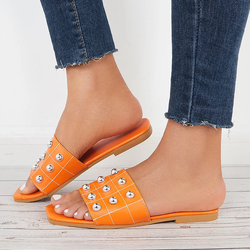 Sohiwoo Women Summer Beads Slide Sandals Square Toe Flat Beach Slippers