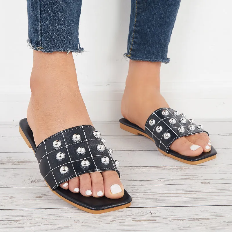 Sohiwoo Women Summer Beads Slide Sandals Square Toe Flat Beach Slippers