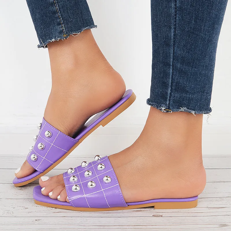 Sohiwoo Women Summer Beads Slide Sandals Square Toe Flat Beach Slippers
