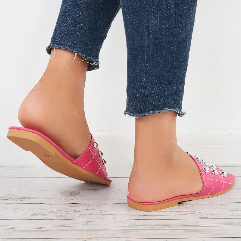 Sohiwoo Women Summer Beads Slide Sandals Square Toe Flat Beach Slippers
