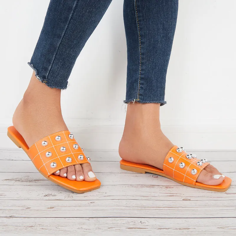 Sohiwoo Women Summer Beads Slide Sandals Square Toe Flat Beach Slippers