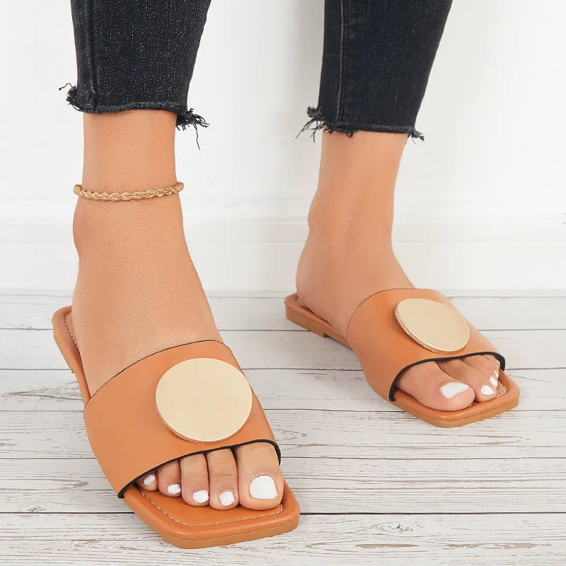 Sohiwoo Women Summer Slide Sandals Square Toe Flat Beach Slippers