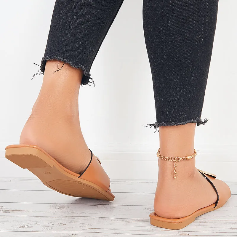 Sohiwoo Women Summer Slide Sandals Square Toe Flat Beach Slippers