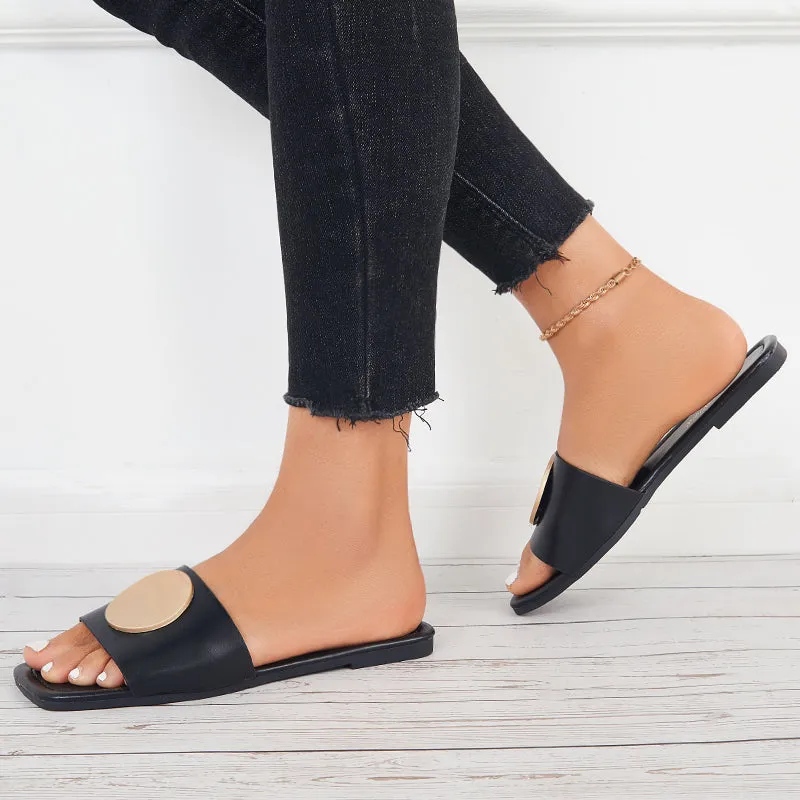 Sohiwoo Women Summer Slide Sandals Square Toe Flat Beach Slippers
