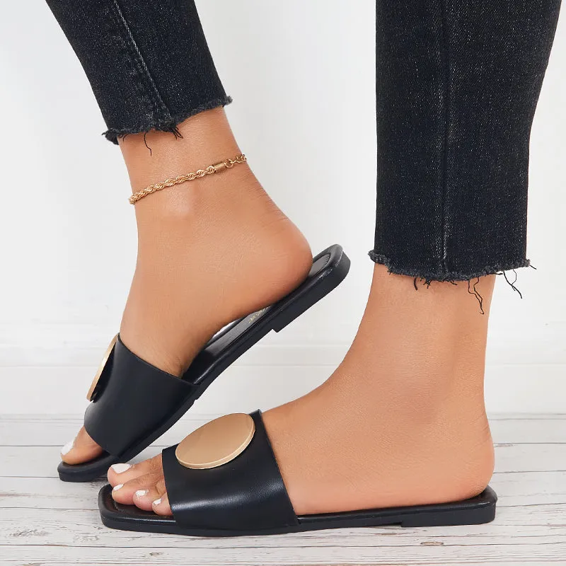 Sohiwoo Women Summer Slide Sandals Square Toe Flat Beach Slippers