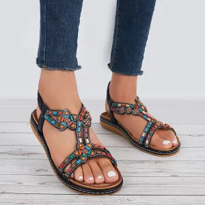 Sohiwoo  Women T-Strap Rhinestone Flat Sandals Dress Beach Shoes