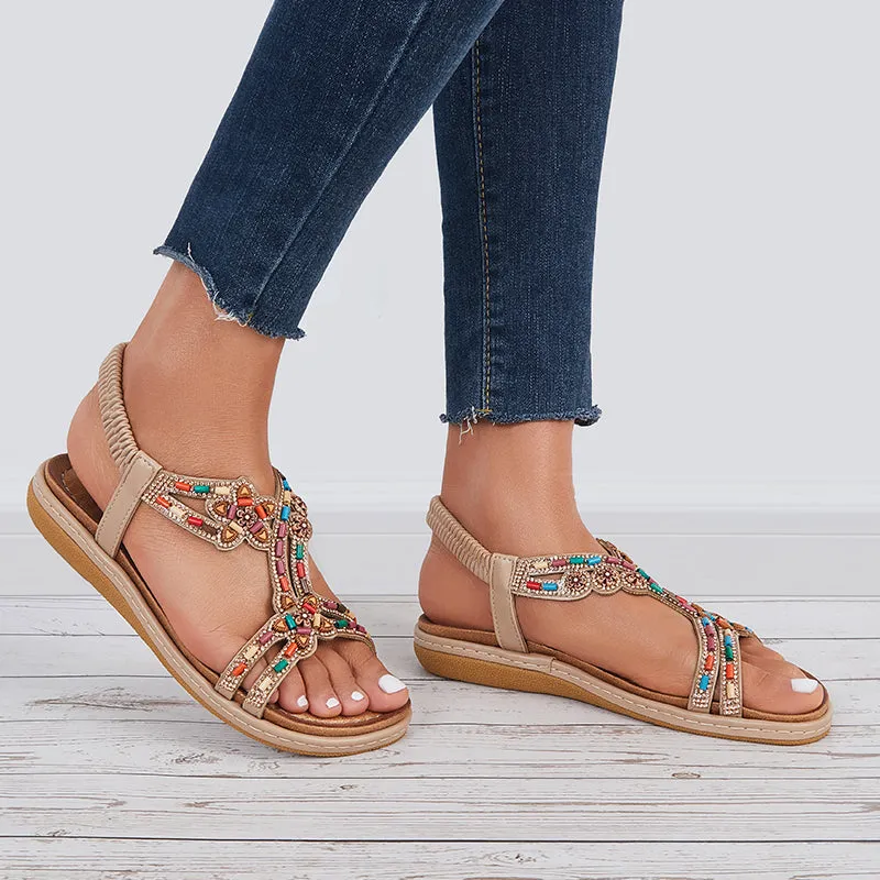 Sohiwoo  Women T-Strap Rhinestone Flat Sandals Dress Beach Shoes