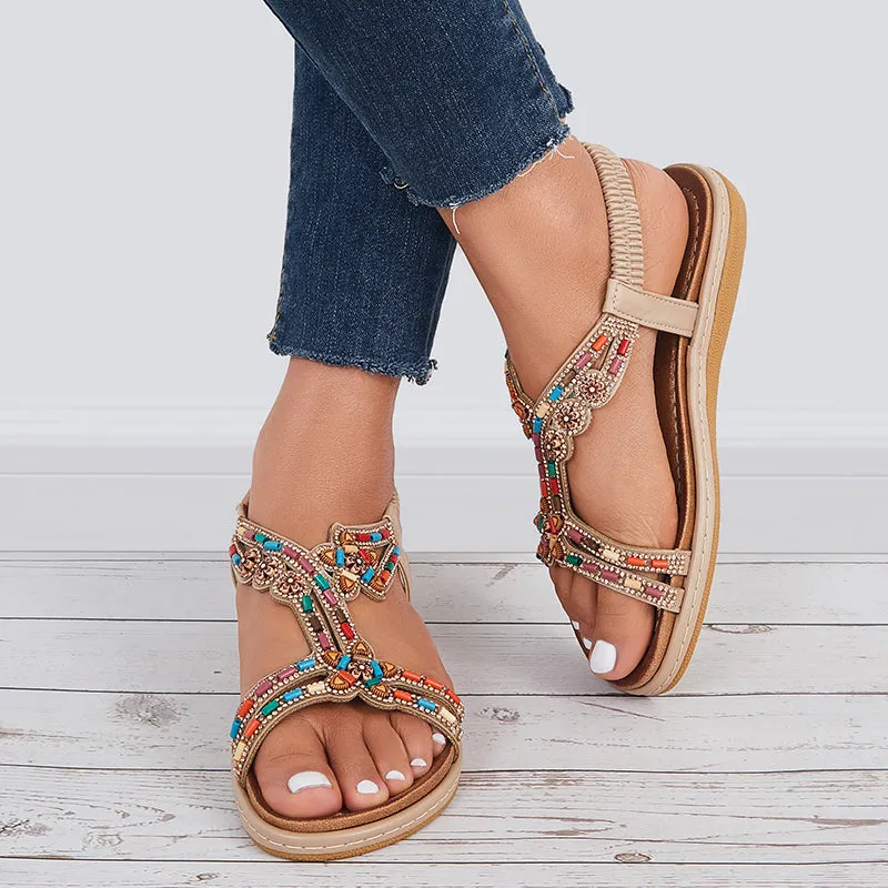Sohiwoo  Women T-Strap Rhinestone Flat Sandals Dress Beach Shoes