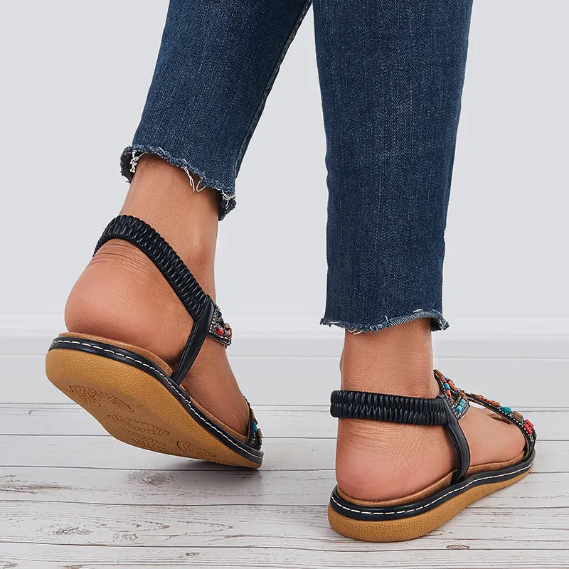 Sohiwoo  Women T-Strap Rhinestone Flat Sandals Dress Beach Shoes