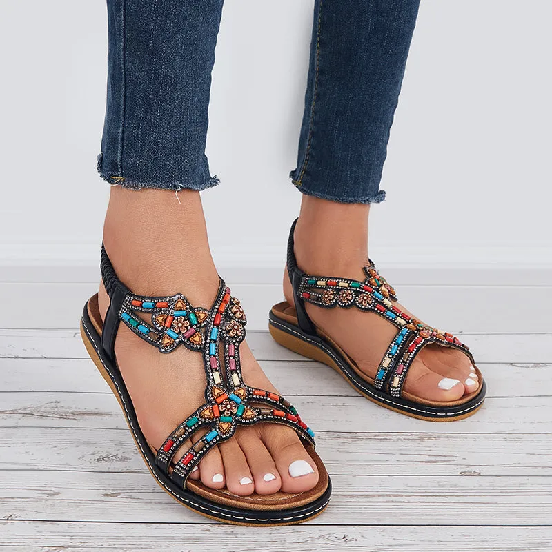 Sohiwoo  Women T-Strap Rhinestone Flat Sandals Dress Beach Shoes