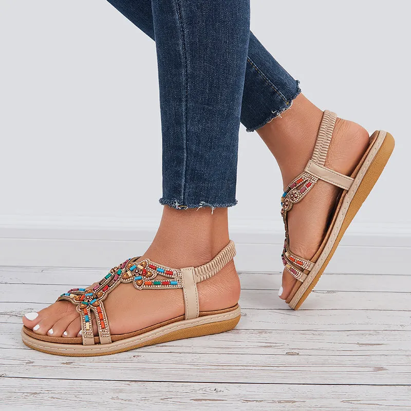 Sohiwoo  Women T-Strap Rhinestone Flat Sandals Dress Beach Shoes