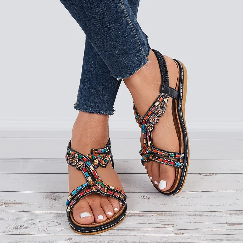 Sohiwoo  Women T-Strap Rhinestone Flat Sandals Dress Beach Shoes