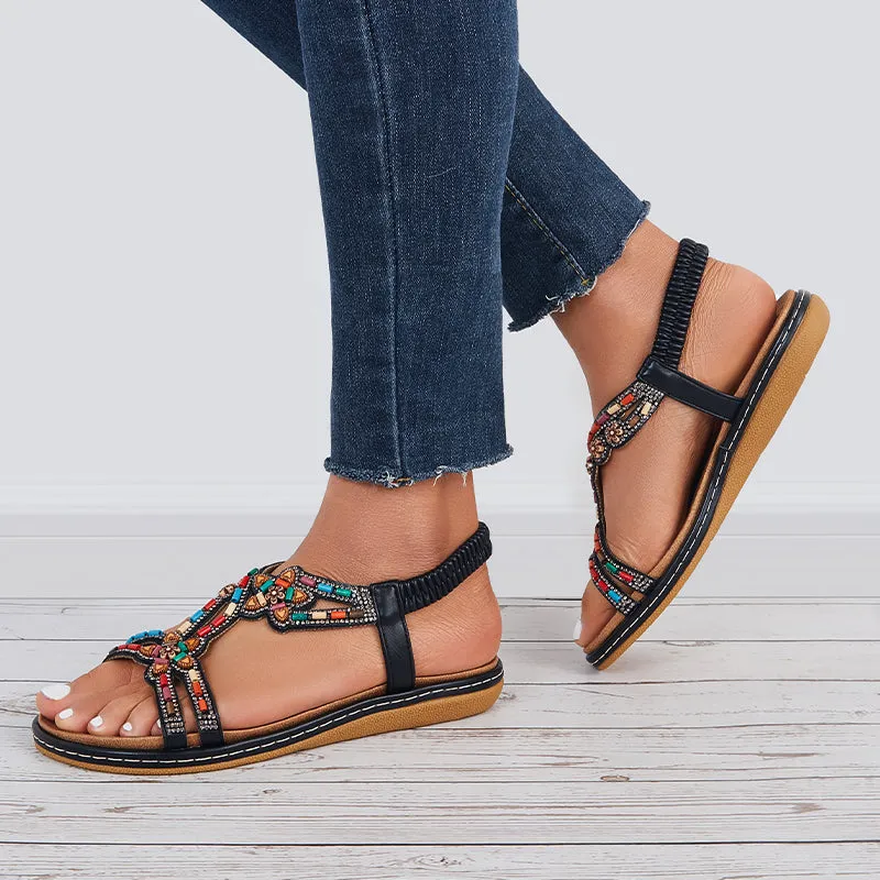 Sohiwoo  Women T-Strap Rhinestone Flat Sandals Dress Beach Shoes