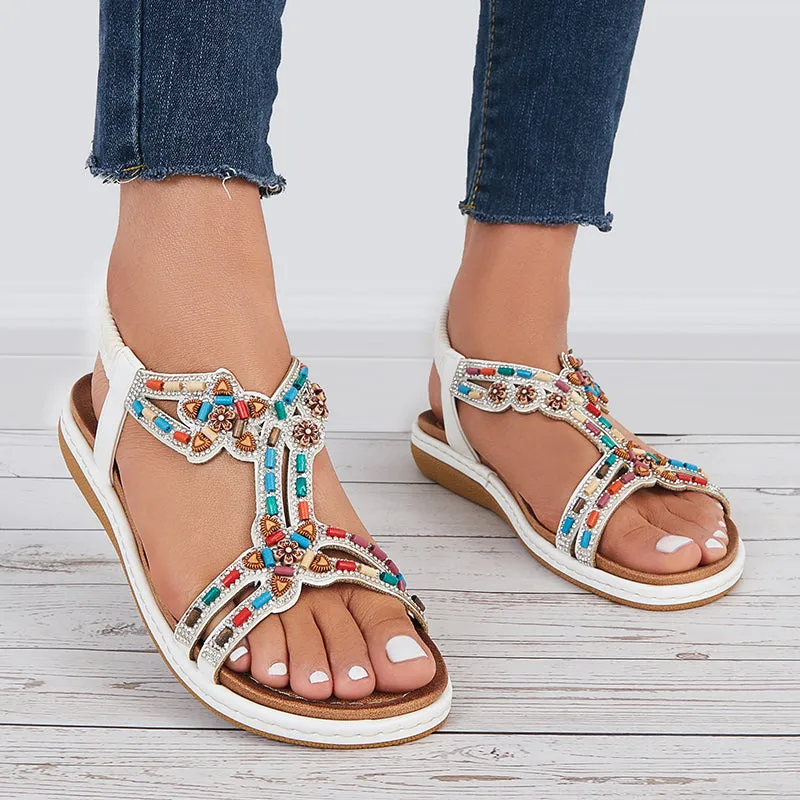 Sohiwoo  Women T-Strap Rhinestone Flat Sandals Dress Beach Shoes
