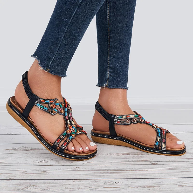 Sohiwoo  Women T-Strap Rhinestone Flat Sandals Dress Beach Shoes