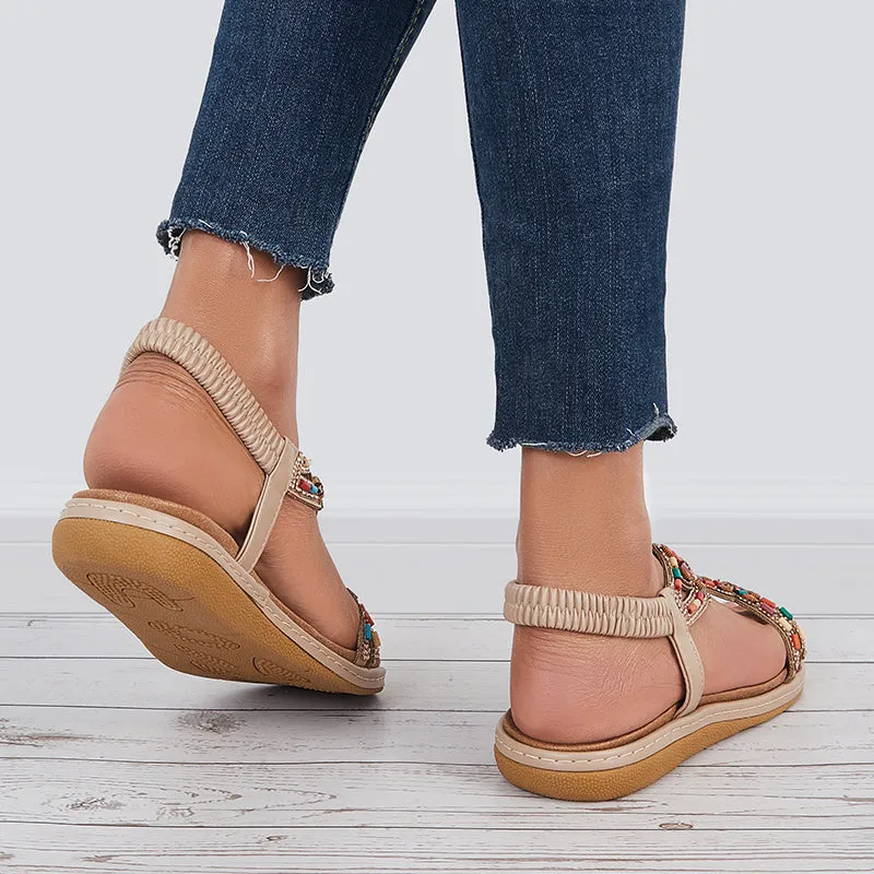 Sohiwoo  Women T-Strap Rhinestone Flat Sandals Dress Beach Shoes