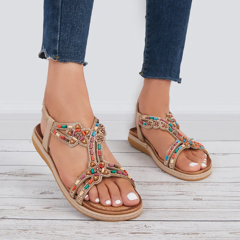Sohiwoo  Women T-Strap Rhinestone Flat Sandals Dress Beach Shoes