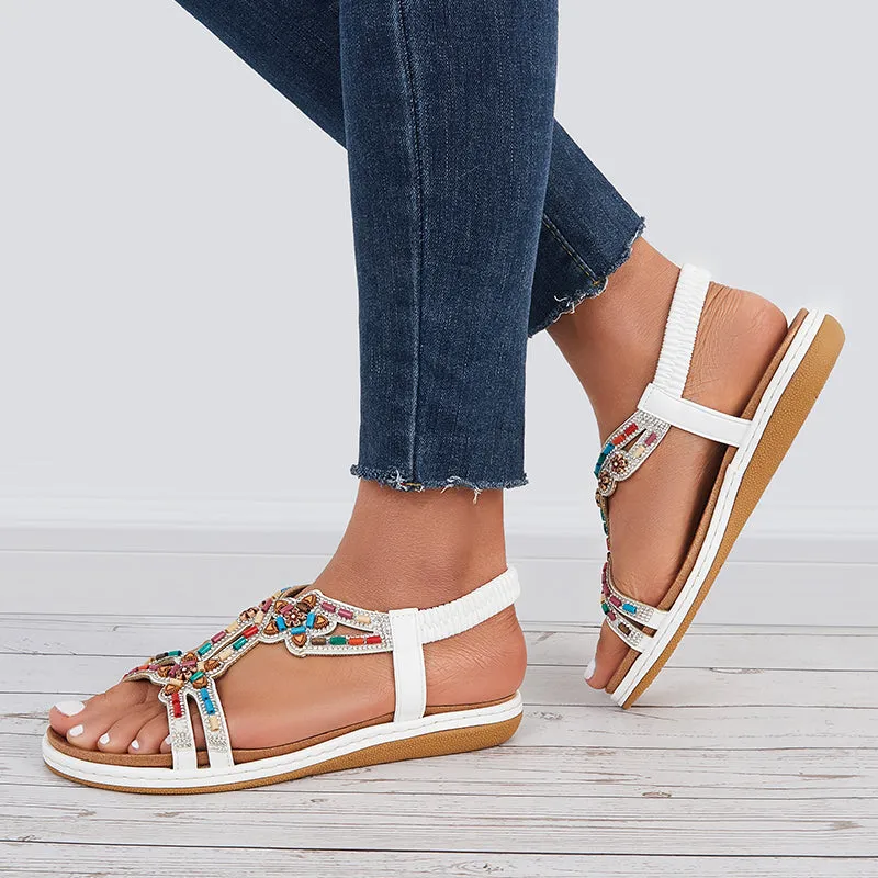 Sohiwoo  Women T-Strap Rhinestone Flat Sandals Dress Beach Shoes