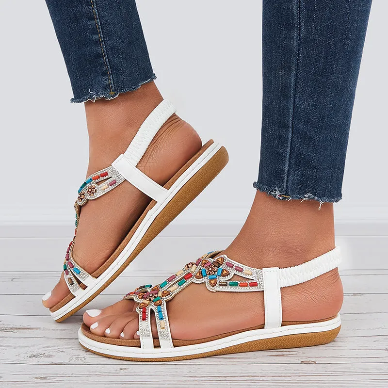 Sohiwoo  Women T-Strap Rhinestone Flat Sandals Dress Beach Shoes