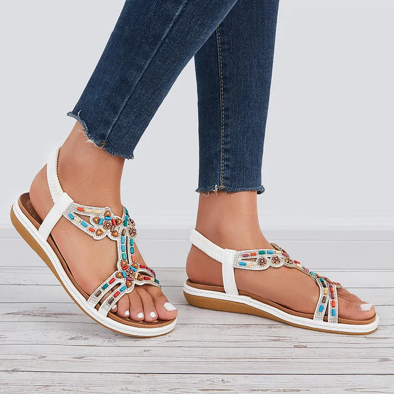 Sohiwoo  Women T-Strap Rhinestone Flat Sandals Dress Beach Shoes