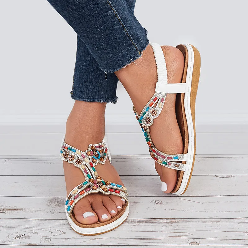 Sohiwoo  Women T-Strap Rhinestone Flat Sandals Dress Beach Shoes