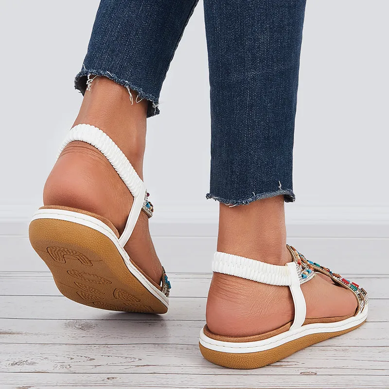 Sohiwoo  Women T-Strap Rhinestone Flat Sandals Dress Beach Shoes