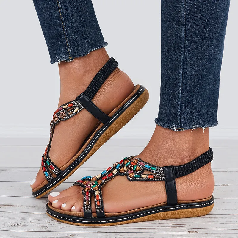 Sohiwoo  Women T-Strap Rhinestone Flat Sandals Dress Beach Shoes
