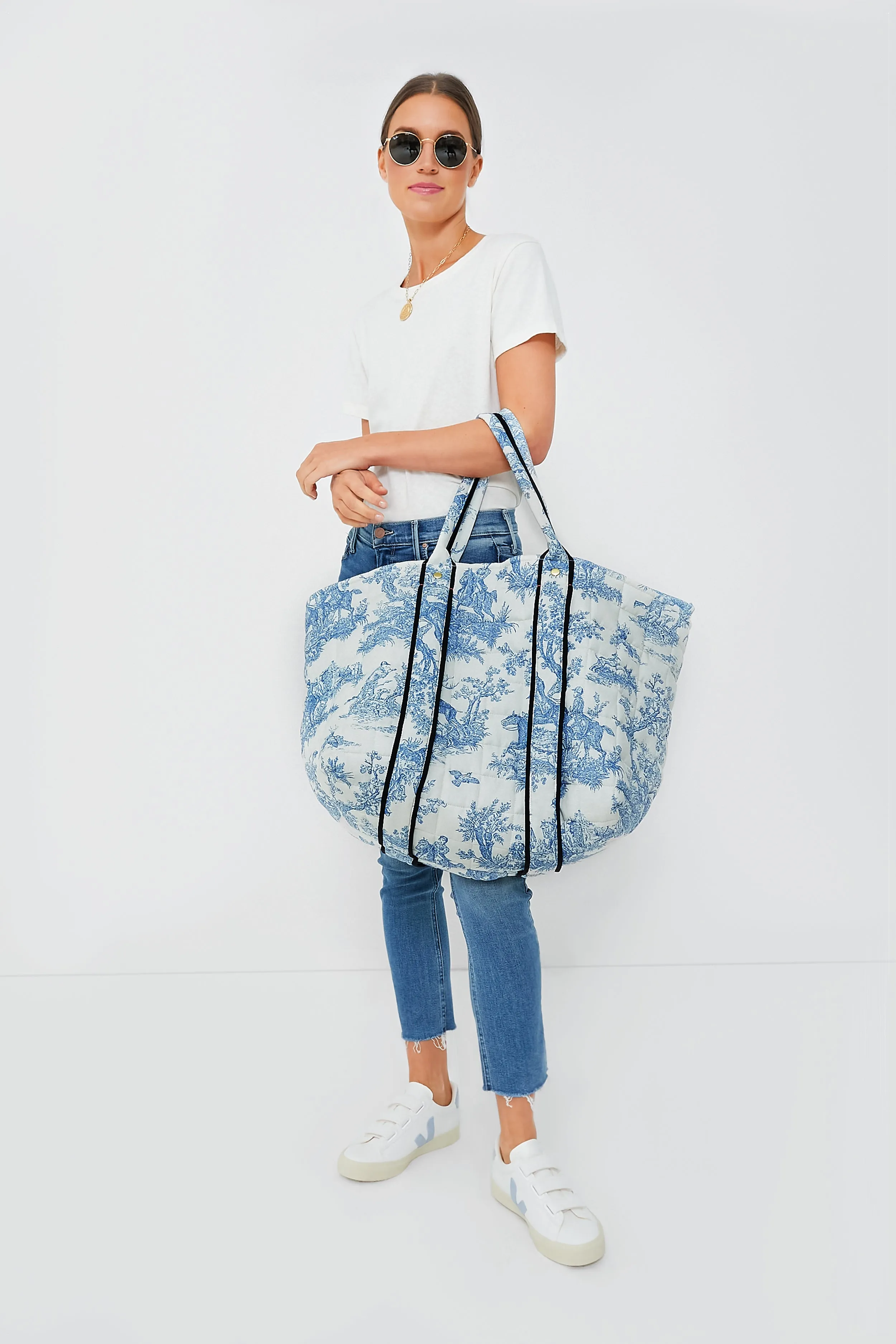 St. Calais Blue Quilted Linen Toile Giant Trop Avion with Pouchette