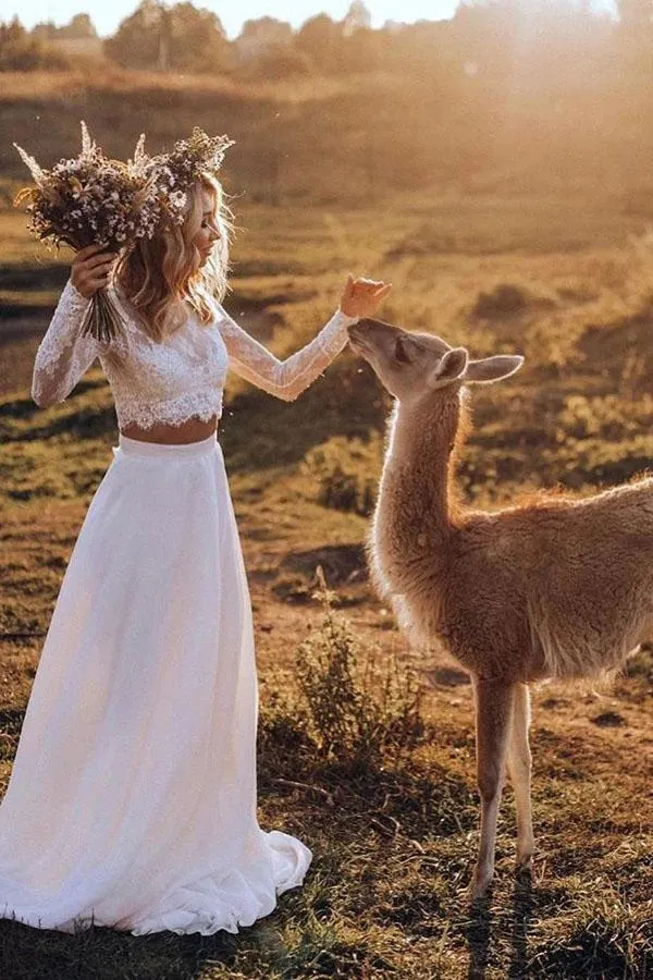 Two Piece White Beach Wedding Dress with Lace, Romantic Long Sleeves Bridal Dress UQ2362