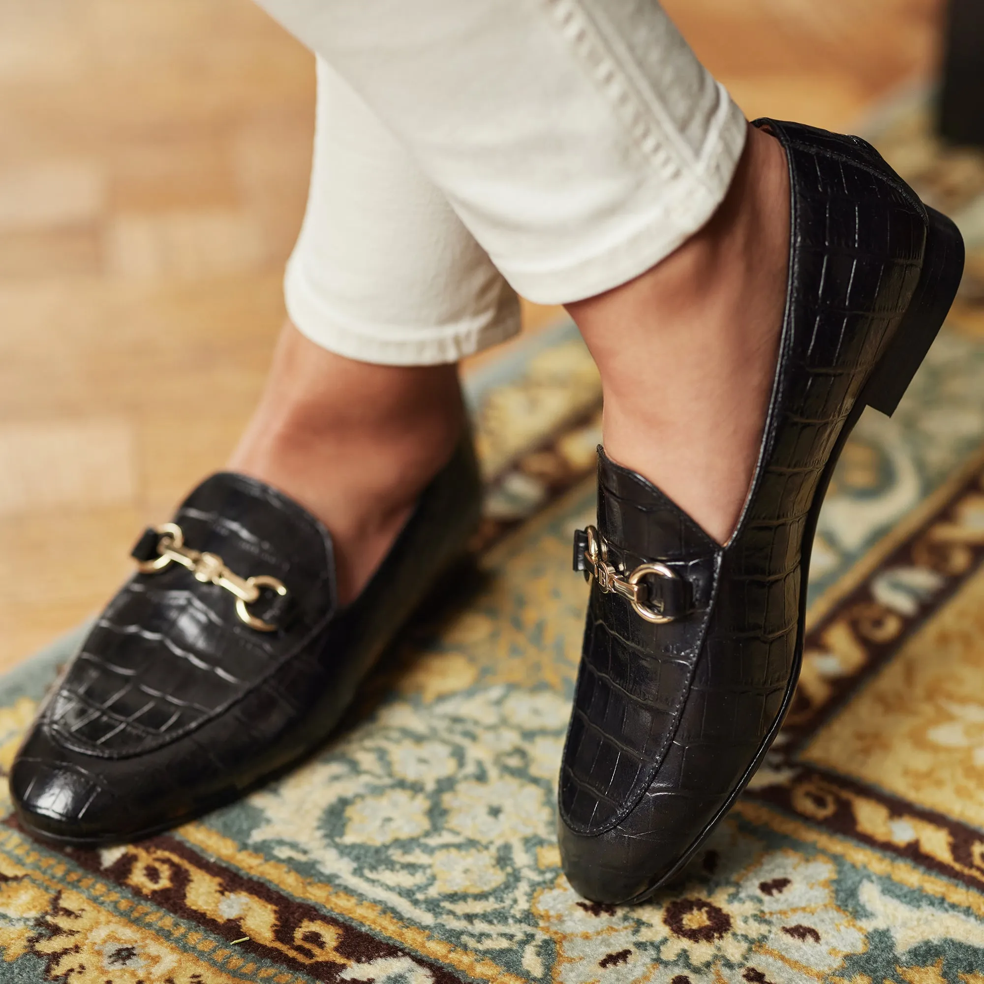 Vendôme Fleur croco black calfskin leather loafers
