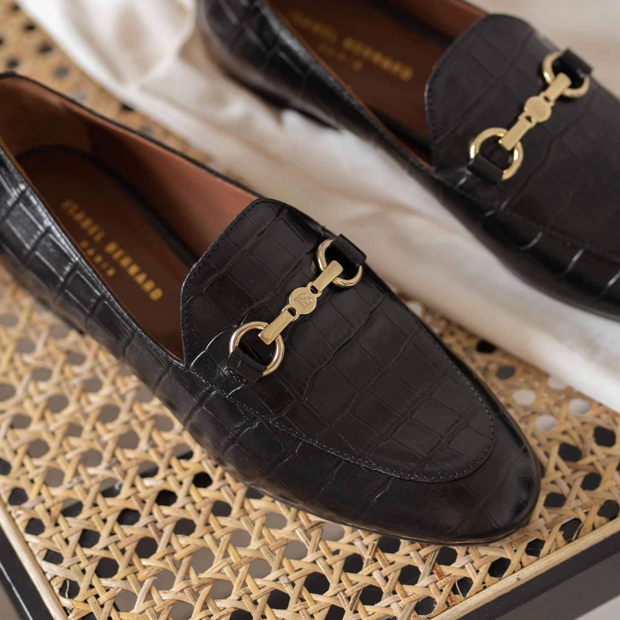 Vendôme Fleur croco black calfskin leather loafers