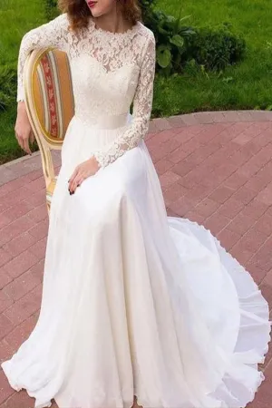 Vintage Long Sleeves Chiffon Wedding Dress with Lace, Flowy Beach Wedding Dress UQ2431