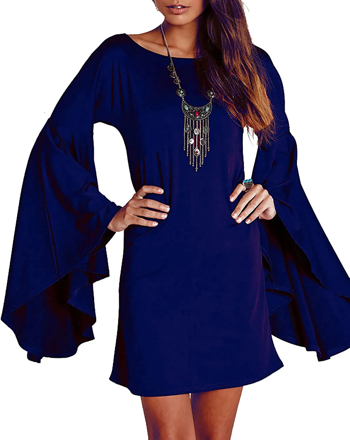 VIVICASLTE Women's USA Long Flare Bell Sleeve Blouse Mini Dress