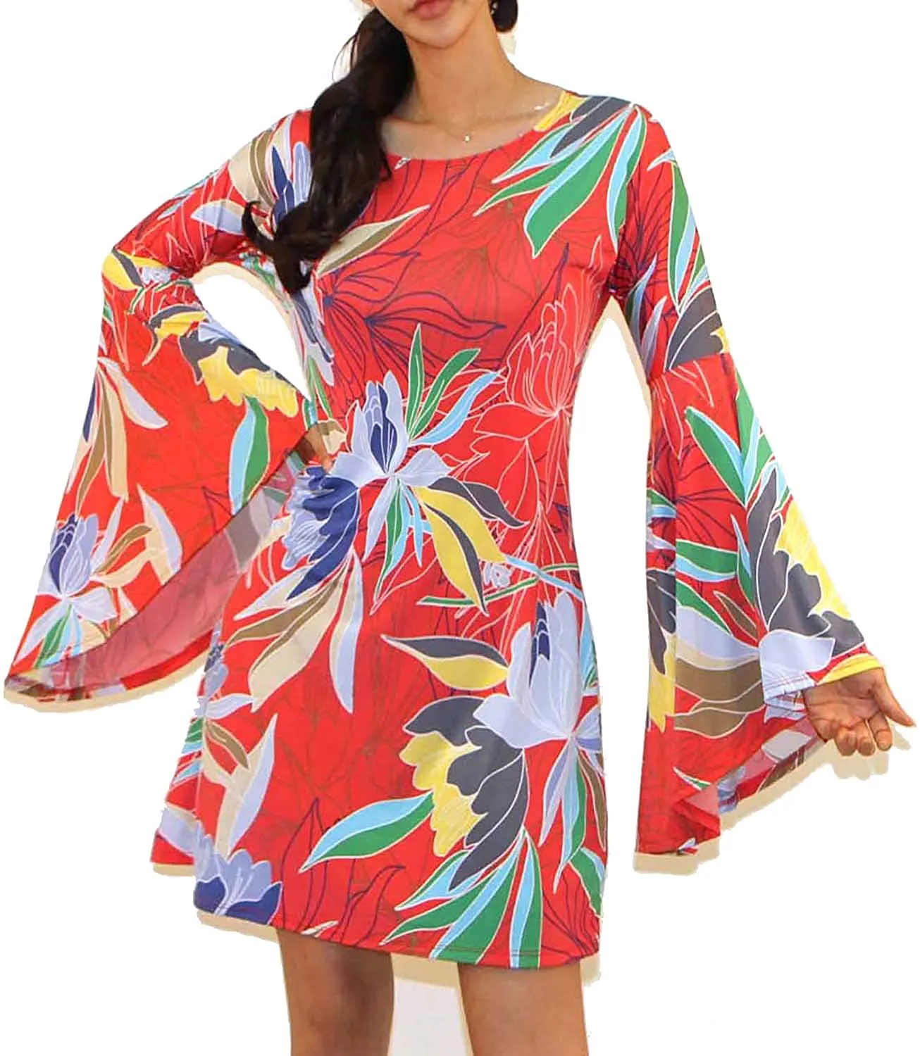 VIVICASLTE Women's USA Long Flare Bell Sleeve Blouse Mini Dress