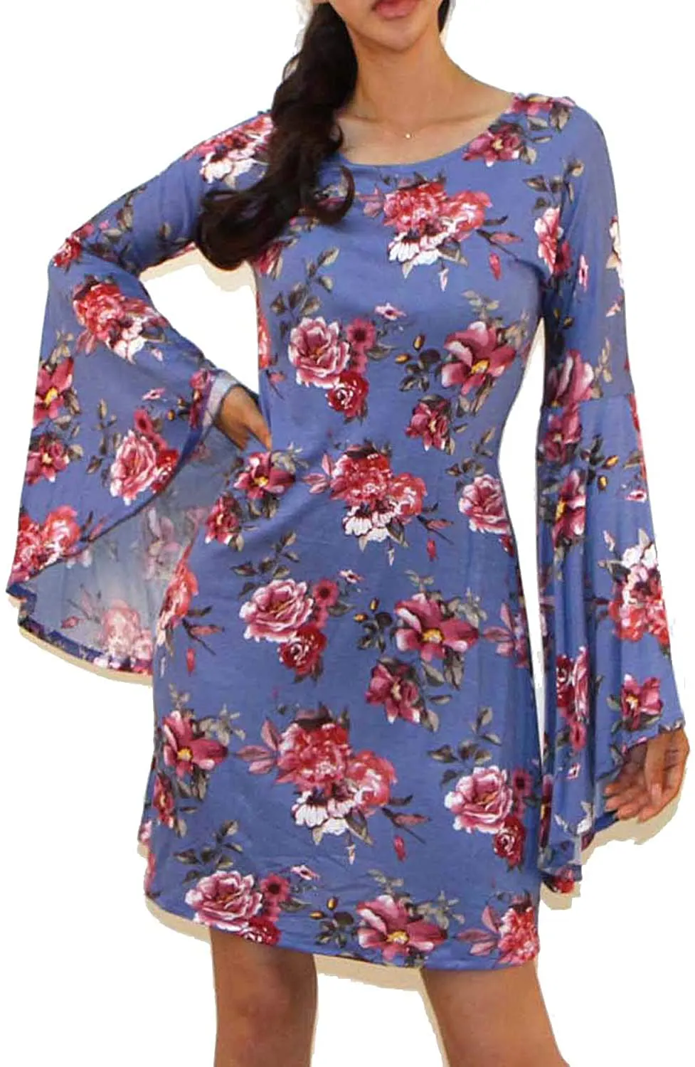VIVICASLTE Women's USA Long Flare Bell Sleeve Blouse Mini Dress